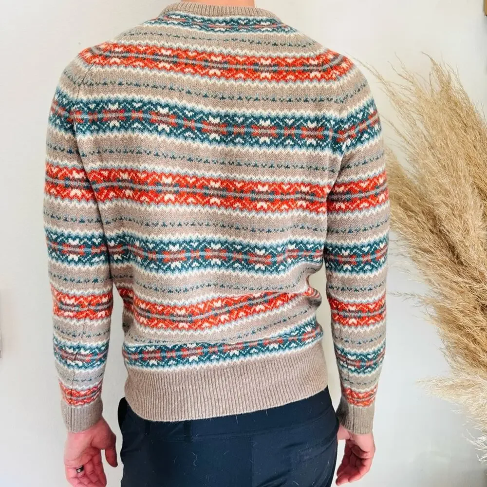 MENS J CREW Beige Tan Blue Fair Isle Wool Stripe Crew $228 Pullover Sweater S